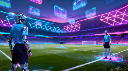 This image showcases a cutting-edge sports arena illuminated by the soft glow of twilight. The arena features vibrant holographic displays and AI referees, depicted in shades of electric blue, neon green, and deep purple. The artistic representation emphasizes the integration of technology in sports, ideal for conceptual visualizations of future sports facilities or tech-related sports events. AI-generated illustration.の素材