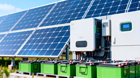 This image depicts an advanced energy solution featuring sleek solar panels and a modern battery storage unit, bathed in cool blue and green tones. The professional design emphasizes sustainability and innovation, suitable for educational materials, technology presentations, or environmental reports. Bright lighting enhances the visual impact of the renewable energy system. AI-generated illustration.の素材