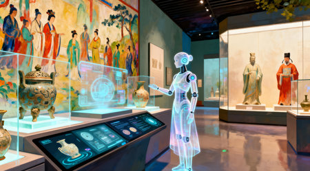This image showcases a futuristic museum with interactive exhibits featuring touch screens and holographic displays. AI guides, depicted as floating orbs with soft blue and green hues, assist visitors through the space. The museum's interior is bathed in natural light, enhancing the vivid colors of the cultural artworks on display. This artistic representation could be used for educational materials or as a visual for technology in cultural institutions. AI-generated illustration.の素材