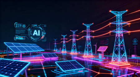 This artistic depiction features a smart energy grid illuminated by vibrant neon colors such as electric blue, vivid green, and luminous purple against a dark backdrop. The design showcases intricate network patterns symbolizing AI optimization, with wind turbines and solar panels integrated seamlessly. Ideal for illustrating concepts in sustainable technology and energy management. AI-generated illustration.の素材