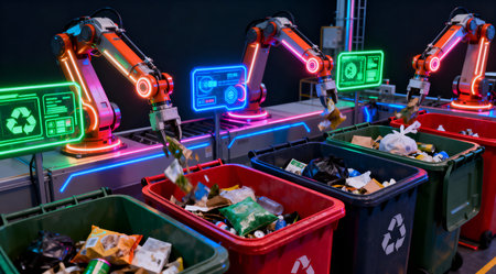 This image showcases a futuristic waste management setup featuring robotic arms sorting and recycling materials. The design is highlighted by vibrant neon colors such as electric blue and vivid magenta against a deep black background, emphasizing a professional and modern environmental technology theme. It could be effectively used in educational materials or tech-focused presentations. AI-generated illustration.の素材