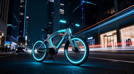 An artistic portrayal of a sleek, modern bicycle equipped with vibrant blue and white LED lights, set against the backdrop of a shadowy urban street at night. The dynamic lighting effects highlight the bike's innovative design, emphasizing themes of modern transportation and cycling innovation. This image could be used in contexts related to future urban mobility or as a striking visual for technology-themed editorials. AI-generated illustration.の素材