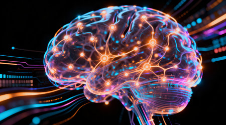 This digital artwork displays a complex AI algorithm visualized as a brain with intricate neural connections. The illustration uses a spectrum of vibrant colors like electric blue, neon green, and fiery orange against a deep black background, creating a striking contrast. The futuristic style and bright lighting enhance the dynamic feel, suitable for technology-related publications or educational materials. AI-generated illustration.の素材