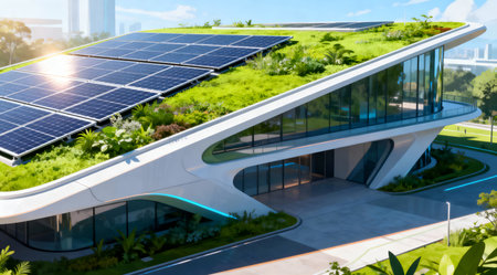 This image depicts a modern architectural structure characterized by its sleek design, featuring a roof covered in lush greenery and equipped with solar panels. The building is set in a bright, daytime scene with vibrant hues of blue, green, and yellow enhancing its futuristic appeal. Ideal for use in discussions about sustainable architecture or urban planning. AI-generated illustration.の素材