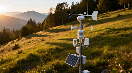 This image features a sophisticated weather station equipped with an array of sensors including anemometers, thermometers, and barometers, set against a backdrop of lush greenery and rugged terrain. The dynamic lighting highlights the sleek, modern design of the technology, emphasizing its integration with the natural setting. Ideal for educational materials, scientific publications, or technology-themed presentations. AI-generated illustration.の素材