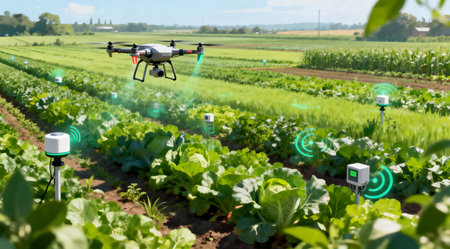 The image depicts a futuristic farm setting with bright green fields and advanced technology. Drones hover above the crops, while sensors are integrated into the soil and plants, showcasing an innovative approach to agriculture. The natural daylight enhances the vibrant colors, creating a serene yet technologically advanced atmosphere. Ideal for educational materials or tech industry presentations on modern farming techniques. AI-generated illustration.の素材