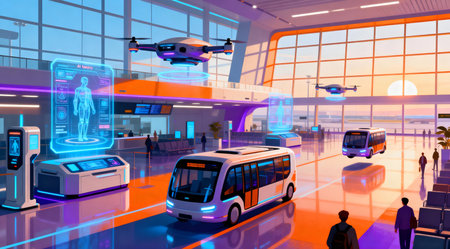 This illustration showcases a modern airport terminal bathed in natural light, featuring vibrant hues of electric blue and neon green. The scene includes advanced AI security systems with sleek, curved interfaces and autonomous transport vehicles with a streamlined, aerodynamic design. The artistic style emphasizes a blend of technology and travel, suitable for editorial content on future transportation or technology advancements. AI-generated illustration.の素材