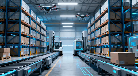 This image depicts a high-tech logistics facility featuring sleek, automated warehouses with drones efficiently navigating the space. The scene is bathed in cool blue and gray tones, emphasizing a professional and modern industrial setting. Ideal for showcasing advanced logistics technology and futuristic warehouse management systems. AI-generated illustration.の素材