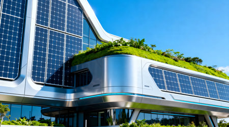 An artistic rendering of a modern architectural structure, showcasing a sleek design with integrated solar panels on the facade and a lush green roof. The building is bathed in vibrant daylight, with the use of bright hues like electric blue and vibrant green enhancing its futuristic appeal. This illustration could be used for concepts related to sustainable architecture and urban planning. AI-generated illustration.の素材