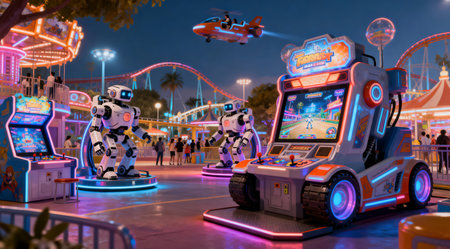 This digital artwork showcases a futuristic entertainment park filled with robotic rides and interactive games. The scene is illuminated with soft lighting and features vibrant hues of neon blue, electric green, and radiant purple. The artistic representation highlights advanced entertainment technology with sleek, modern designs. Ideal for use in tech-related publications, concept art for theme parks, or as a futuristic backdrop in digital media projects. AI-generated illustration.の素材