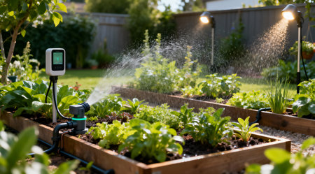 This image portrays a futuristic garden setup with automated watering and lighting systems, bathed in natural daylight. The scene is filled with lush, vibrant greenery in shades of emerald and forest green, emphasizing an eco-friendly and high-tech approach to gardening. The composition is ideal for showcasing advancements in home automation and sustainable living. AI-generated illustration.の素材