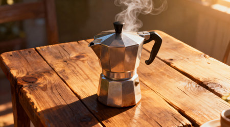 A vintage-style coffee pot emits steam against the backdrop of a rustic wooden table, bathed in the soft, golden hues of early morning light. The cozy scene is enhanced by the warm color palette, creating an inviting atmosphere ideal for cafes, home decor, or culinary blogs. AI-generated illustration.の素材