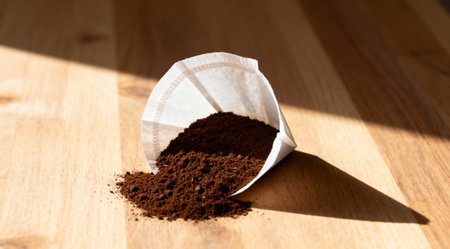 A close-up view of a white coffee filter filled with rich, dark brown ground coffee placed on a rustic wooden surface. The scene is illuminated by soft, natural light, creating a serene and inviting atmosphere. This composition, with its warm brown and beige tones, is ideal for culinary blogs, coffee shop decor, or home kitchen inspiration. AI-generated illustration.の素材