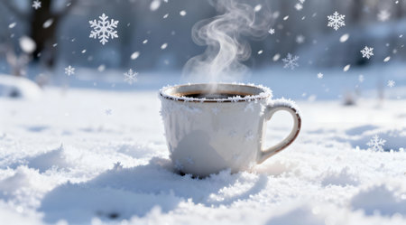 A digital artwork depicting a ceramic coffee mug with rising steam, set against a serene snowy backdrop. The scene is bathed in soft, cool white natural light, enhancing the tranquil morning ambiance. This illustration could be ideal for cozy winter-themed designs or serene morning mood boards. AI-generated illustration.の素材