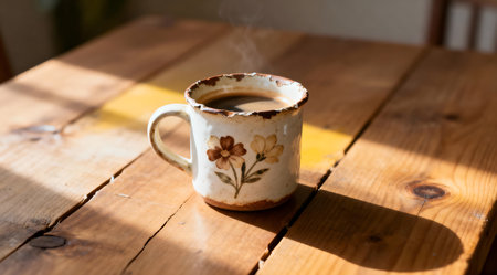 A ceramic coffee mug with a rustic texture and earthy brown tones sits on a weathered wooden table. The scene is bathed in gentle morning light, casting soft shadows and highlighting the warm colors. This artistic composition could be ideal for home decor inspiration or cafÃ© ambiance designs. AI-generated illustration.の素材
