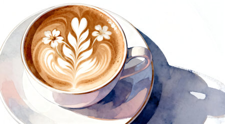 An elegant coffee cup adorned with intricate floral latte art in soft pastel colors, set against a crisp white background. The studio lighting enhances the delicate details of the design, creating a serene and sophisticated ambiance. Ideal for use in cafe menus, lifestyle blogs, or as a decorative element in home decor settings. AI-generated illustration.の素材