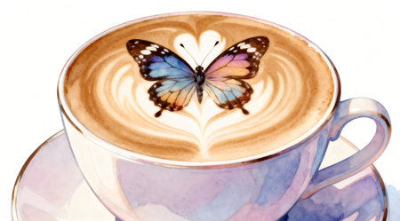 A sophisticated coffee cup is depicted with intricate butterfly latte art on its surface, set against a pristine white background. The image uses soft pastel tones, creating a serene and elegant atmosphere. Ideal for use in cafe menus, social media posts, or as a decorative element in culinary blogs. AI-generated illustration.の素材