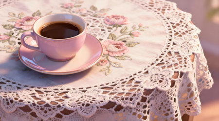 A delicate coffee cup with a soft pink hue rests on a saucer, placed atop an intricate vintage lace tablecloth. The scene is bathed in gentle ambient light, casting a serene glow that enhances the pastel tones. This elegant still life composition evokes a sense of tranquility and refined taste, ideal for use in home decor or lifestyle blogs. AI-generated illustration.の素材