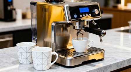 A stylish arrangement featuring a silver and black modern coffee machine on a clean white surface, accompanied by three white ceramic cups. Bright studio lighting enhances the sleek design, highlighting the machine's smooth lines and minimalistic aesthetic. Ideal for showcasing modern kitchen appliances or home decor in editorial content. AI-generated illustration.の素材