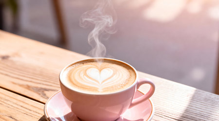 A coffee cup adorned with intricate heart-shaped latte art sits atop a rustic wooden table, bathed in the warm glow of morning light. The romantic palette of soft pinks and gentle oranges enhances the artistic design, evoking a sense of love and tranquility. This image could be used for cafÃ© promotions, romantic-themed marketing, or as a cozy addition to home decor. AI-generated illustration.の素材
