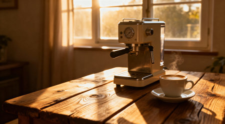 A vintage wooden table adorned with a sleek espresso machine and a steaming cup of coffee, bathed in the warm golden light of morning. The artistic composition features soft shadows and highlights, creating an inviting and cozy atmosphere. Ideal for use in home decor guides, coffee shop promotions, or lifestyle blogs. AI-generated illustration.の素材
