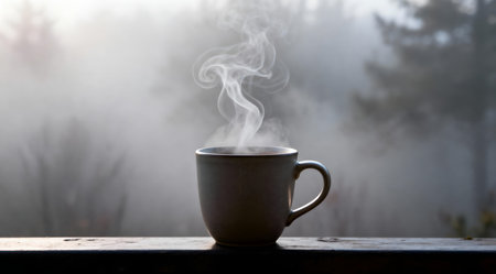 An artistic portrayal of a ceramic coffee cup emitting steam against a backdrop of a misty morning. The scene is bathed in soft natural light with a palette of muted grays and gentle browns, evoking a serene and contemplative mood. Ideal for use in editorial pieces or as a visual element in tranquil-themed designs. AI-generated illustration.の素材