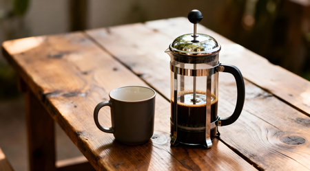 An image showcasing a stainless steel coffee press and a ceramic mug placed on a rustic wooden table, bathed in natural daylight. The scene is characterized by warm brown hues, enhancing the cozy and inviting atmosphere. This setup is ideal for illustrating morning routines or coffee culture themes. AI-generated illustration.の素材