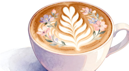 A sophisticated coffee cup featuring intricate floral latte art in soft pastel colors, set against a clean white background. The studio lighting enhances the delicate design, adding a touch of elegance. This illustration is ideal for use in cafe menus, lifestyle blogs, or as a decorative element in kitchen designs. AI-generated illustration.の素材