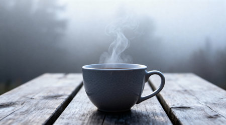 This artistic illustration captures a coffee cup enveloped in rising steam against a backdrop of a foggy morning. The scene is bathed in soft natural light, with the cool gray tones enhancing the serene and tranquil mood. Ideal for use in editorial pieces about morning routines or as a calming visual in wellness blogs. AI-generated illustration.の素材