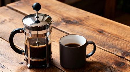 An image featuring a sleek stainless steel coffee press and a ceramic mug, both placed on a rustic wooden table. The scene is bathed in natural daylight, highlighting the warm brown tones of the wood and the rich color of the coffee. This composition evokes a cozy, inviting atmosphere, ideal for home decor or lifestyle content. AI-generated illustration.の素材