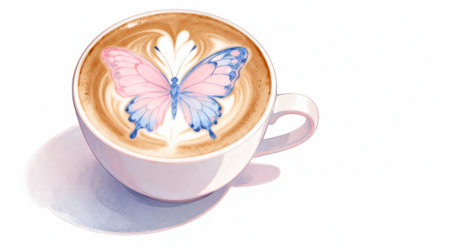 A delicate coffee cup featuring intricate butterfly latte art, displayed against a pristine white background. The soft pastel colors of the butterfly contrast beautifully with the rich brown coffee, creating an elegant and serene visual. This design is ideal for cafe menus, barista training materials, or as a unique decorative element in culinary publications. AI-generated illustration.の素材
