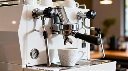 An artistic arrangement featuring a modern silver coffee machine and two white ceramic cups on a black marble surface, illuminated by bright studio lighting. The composition highlights the sleek design and minimalistic aesthetic, ideal for showcasing in culinary blogs, home decor magazines, or as part of product displays. AI-generated illustration.の素材