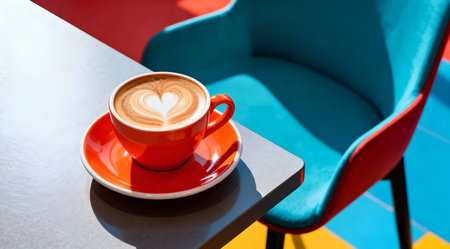 A vivid depiction of a white ceramic coffee cup adorned with a heart-shaped latte art in rich brown tones, set on a sleek, modern table. The image is characterized by bold, vibrant colors and a sophisticated design, enhanced by bright studio lighting. This visual could be ideal for cafe decor, social media posts, or as part of a lifestyle magazine feature. AI-generated illustration.の素材