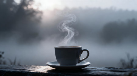 A digital artwork showcasing a ceramic coffee cup with intricate steam patterns, set against a backdrop of a misty morning. The scene is bathed in natural light with subtle cool gray tones, creating a serene and tranquil atmosphere. This image could be used for coffee shop decor, morning routine illustrations, or nature-inspired design projects. AI-generated illustration.の素材