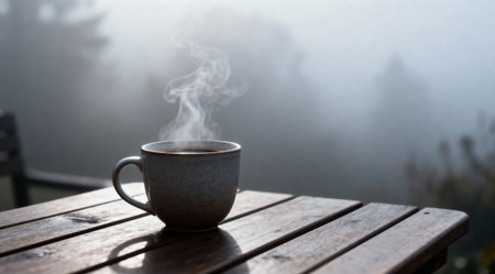 A serene image of a ceramic coffee cup on a misty morning, enveloped in soft, cool gray tones. The steam rising from the cup blends seamlessly with the surrounding fog, creating a tranquil and contemplative atmosphere. This artistic depiction, illuminated by gentle natural light, is ideal for enhancing the mood in cafes, homes, or as part of a nature-inspired design project. AI-generated illustration.の素材