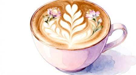 A delicate coffee cup adorned with intricate floral latte art sits on a pristine white background. The soft pastel colors of the latte art contrast beautifully with the cup's sleek design, creating an elegant and sophisticated look. This illustration is ideal for use in cafe menus, culinary blogs, or as a stylish element in graphic design projects. AI-generated illustration.の素材