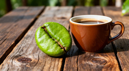 A close-up view of a single coffee bean and a white ceramic coffee cup placed on a rustic wooden table, bathed in natural daylight. The scene is enhanced by vibrant shades of green from nearby foliage and warm browns of the wood and coffee. This image captures a serene, organic ambiance, ideal for culinary blogs or cafÃ© decor inspiration. AI-generated illustration.の素材