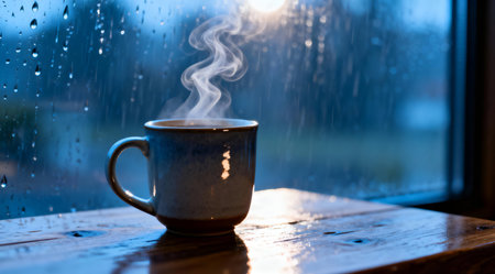 An artistic illustration of a coffee cup on a rainy day, capturing the essence of tranquility with soft natural light and cool blue tones. The steam rising from the cup adds a dynamic element against the backdrop of raindrops, creating a serene and contemplative mood. This image could be used for personal relaxation themes or to evoke the comfort of a warm drink on a gloomy day. AI-generated illustration.の素材