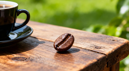 A single coffee bean and a ceramic coffee cup are artfully arranged on a weathered wooden table, bathed in natural daylight. The scene is enhanced by vivid shades of green and earthy browns, capturing the essence of a cozy morning ritual. This image is ideal for culinary blogs, cafe decor, or coffee-themed art prints. AI-generated illustration.の素材