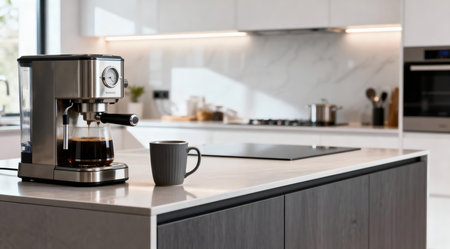 A high-end coffee maker with a brushed silver finish and a matching ceramic mug are displayed on a glossy black kitchen island. The setup is illuminated by bright studio lighting, enhancing the sleek design and minimalistic style of the modern kitchen. This image is ideal for showcasing kitchen appliances or for use in home decor catalogs. AI-generated illustration.の素材