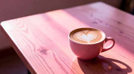 A coffee cup adorned with intricate heart-shaped latte art sits on a rustic wooden table, bathed in the soft glow of warm morning light. The romantic palette of blush pink and soft orange tones enhances the artistic design, ideal for romantic-themed invitations or cozy cafe decor. AI-generated illustration.の素材