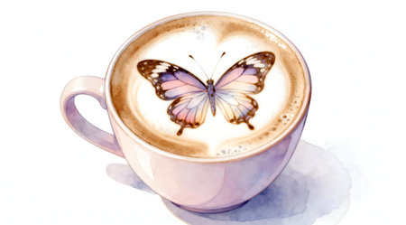 A porcelain coffee cup is displayed on a pristine white background, featuring intricate butterfly latte art crafted from soft pastel tones of pink and lavender. The elegant design is accentuated by studio lighting that highlights the delicate details of the latte art. This image could be ideal for cafe menus, barista training materials, or as a decorative element in culinary blogs. AI-generated illustration.の素材