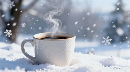 A digital artwork depicting a ceramic coffee cup emitting delicate wisps of steam, set against a backdrop of freshly fallen snow under the soft glow of natural light. The scene is captured in cool whites and subtle grays, creating a serene and tranquil atmosphere. Ideal for use in winter-themed designs or as a calming visual for morning routines. AI-generated illustration.の素材