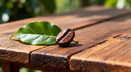 A detailed depiction of a single coffee bean accompanied by a vibrant green leaf, set on a rustic wooden table under soft natural daylight. The image captures the essence of coffee culture with its warm brown tones and lush green hues, ideal for use in culinary blogs, coffee shop menus, or as part of eco-friendly product packaging. AI-generated illustration.の素材
