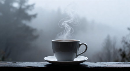 A digital artwork depicting a ceramic coffee mug with swirling steam set against a misty morning scene. The image uses a palette of cool grays to evoke a serene, early morning atmosphere. The soft natural light enhances the tranquil mood, making it suitable for use in calm, contemplative settings or as part of a nature-themed collection. AI-generated illustration.の素材