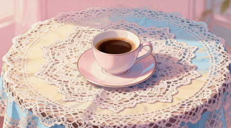 A delicate coffee cup with a soft pink hue rests on a saucer, both placed on a vintage lace tablecloth with intricate patterns. The scene is bathed in gentle ambient light, enhancing the pastel tones and creating an elegant still life composition. Ideal for use in home decor guides or as a serene visual for relaxation and lifestyle content. AI-generated illustration.の素材
