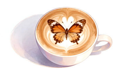 This image features a porcelain coffee cup adorned with intricate butterfly latte art, set against a pristine white background. The design uses soft pastel colors, including shades of lavender and baby blue, creating a serene and elegant aesthetic. The studio lighting enhances the delicate details of the latte art, making it ideal for use in cafes or as part of a sophisticated home decor collection. AI-generated illustration.の素材