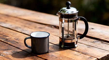 A detailed depiction of a coffee press and a ceramic mug placed on a rustic wooden table, illuminated by soft natural daylight. The scene is bathed in warm brown hues, enhancing the cozy and inviting atmosphere. Ideal for use in home decor guides or lifestyle blogs focusing on morning routines. AI-generated illustration.の素材