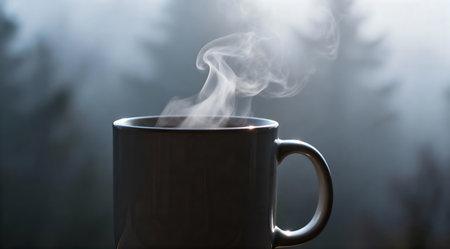 An artistic representation of a ceramic coffee cup emitting steam, set against a backdrop of a misty morning. The scene is bathed in soft natural light with subtle cool gray hues, evoking a serene and contemplative mood. Ideal for use in creative projects focusing on morning routines or tranquil nature scenes. AI-generated illustration.の素材