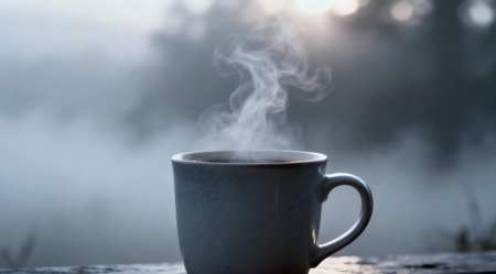A digital artwork showcasing a coffee cup in cool gray tones, emitting steam against a misty morning backdrop. The composition captures the serene ambiance of early morning light, with the cup's cylindrical shape and the delicate wisps of steam creating a tranquil scene. This image is ideal for use in morning routines, coffee shop decor, or as a peaceful start-of-day visual. AI-generated illustration.の素材